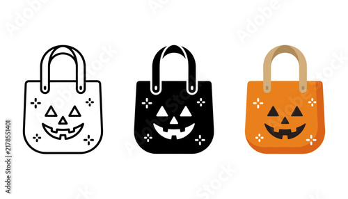 Three styles of halloween trick or treat bag icons featuring a jackolantern face design