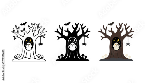 Three variations of a spooky halloween tree illustration with a ghost in the hollow