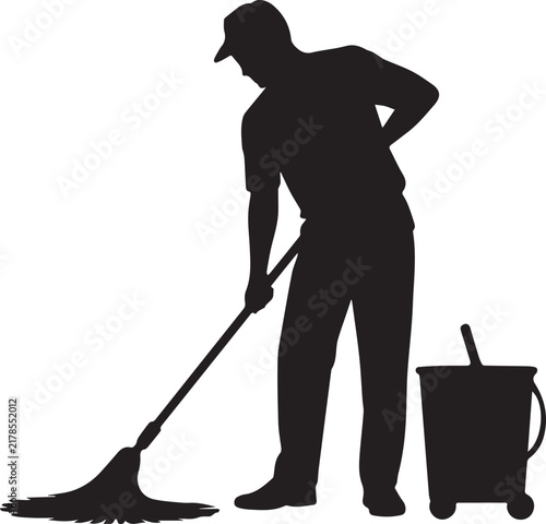 Janitor sweeping floor with push broom vector silhouette