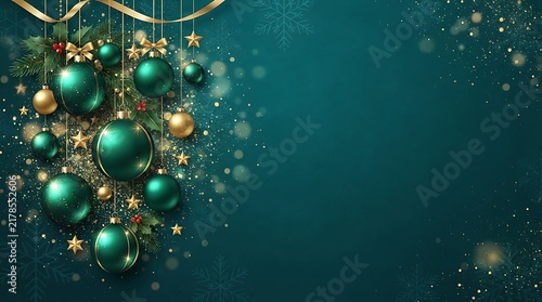 Elegant christmas background with hanging green and gold baubles on a dark teal festive holiday backdrop