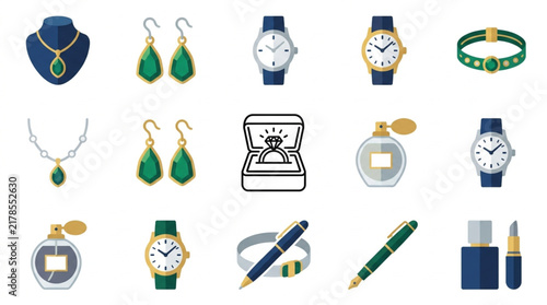 Collection of luxury jewelry and accessories displayed on a white background.