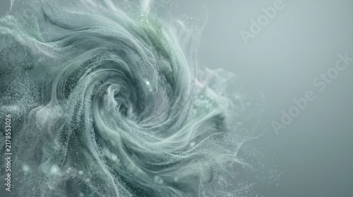 Swirling ethereal green particles forming a dynamic vortex with soft lighting on a grey textured background