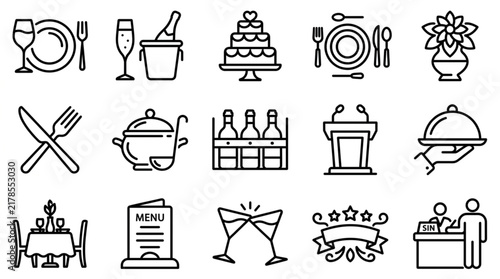Collection of restaurant and dining icons representing food service and celebration.