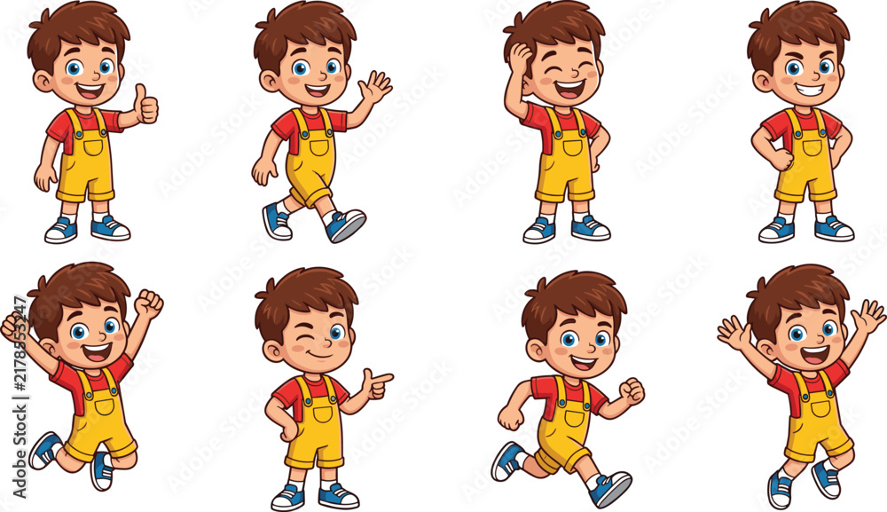 Fototapeta premium Cute cartoon boy character set with different actions poses emotions jumping walking running gesturing vector illustrations isolated on white background