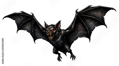 A scary hand drawn illustration of a flying vampire bat with glowing red eyes and sharp fangs isolated on transparent background