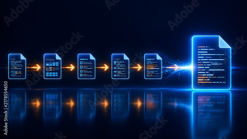 Row of glowing blue digital document icons transforming into one large compiled file with an orange arrow sequence. Concept of electronic data compilation and automated file processing.