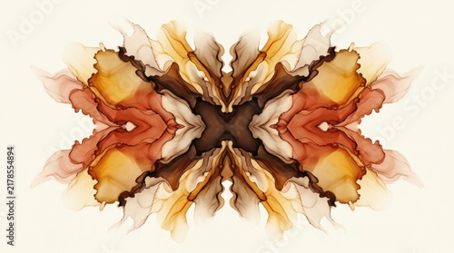 Symmetrical alcohol ink abstract art with warm brown and amber hues creating an organic rorschach pattern on cream