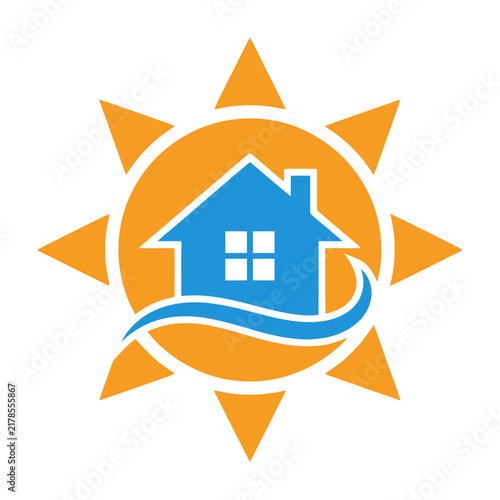 Sun logo with blue house and orange rays symbolizing eco friendly home