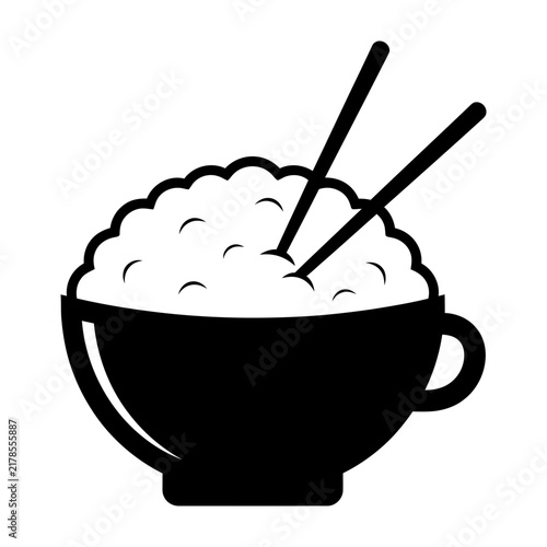 Black and white illustration of rice in bowl with chopsticks