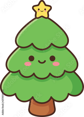 Cute kawaii christmas tree with star topper isolated on transparent background