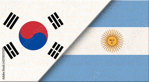 Fotografía Double flag of South Korea and Argentina on fabric texture - 3D illustration