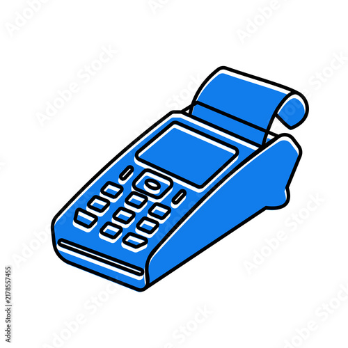 Blue Line Vector Icon of a POS Terminal – Electronic Payment Device for Cashless Transactions with Paper Receipt