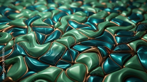 Teal and mint green wavy 3D tiles featuring metallic gold edges create a sophisticated organic mosaic background