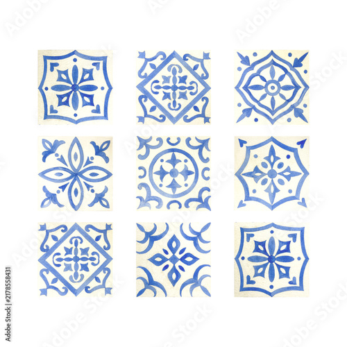 Blue azulejo tiles with decorative floral and geometric motifs, set. Hand drawn watercolor illustration, isolated. Ideal for packaging, textiles, wallpaper and Mediterranean style decor.
