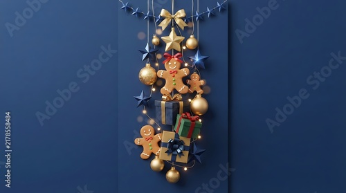Festive christmas ornaments and gingerbread cookies hanging as a decorative display on a solid dark blue door