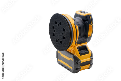 Yellow cordless random orbital sander   isolated on white background