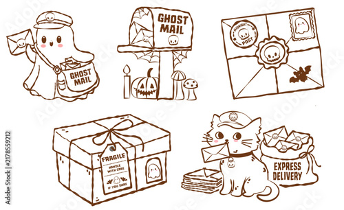 Cute Ghost Mail Halloween Illustration with Pumpkin, Mushrooms and Candle