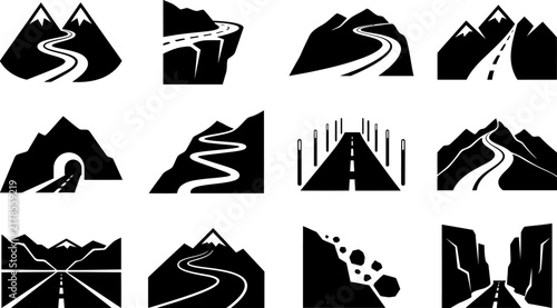 Mountain road icons set, black winding highway through hills vector, 12 travel and transportation symbols for maps and infographics