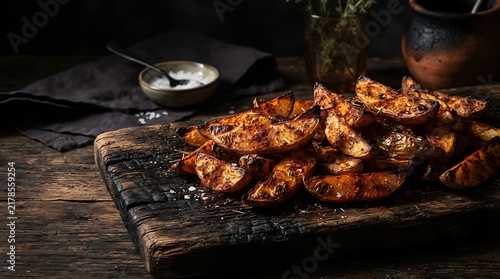 Delicious roasted potato wedges served on a rustic wooden board with a side of creamy dip