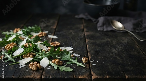 Fresh arugula salad with walnuts and parmesan cheese shavings on a dark rustic wooden table
