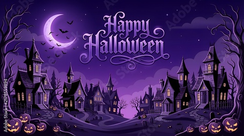 Happy Halloween gothic haunted village with crooked houses, glowing jack-o-lantern pumpkins, creepy trees, full moon, purple night sky, vintage ornate typography
