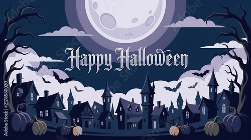 Happy Halloween text in spooky gothic font over haunted village, monsters, old village, pumpkins, night scene, moon, bats, clouds, banner, background, holiday, celebration, trick or treat
