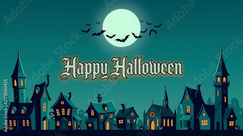 Horror, haunted houses, spooky town silhouette, dark teal background, happy halloween, flying bats, glowing moon, vector illustration, illustration, fantasy, night scene, gothic architecture