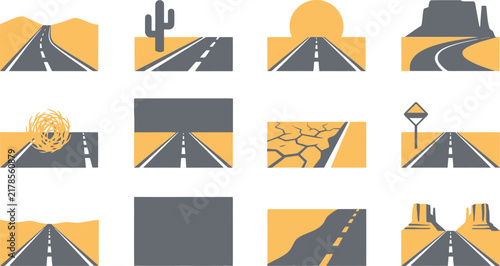 Desert road vector icons set, minimalist highway landscape illustrations, arid route journey symbols for travel and logistics design