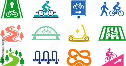 Bicycle infrastructure icons set, 12 colorful cycling path symbols, urban bike lane and transportation vector graphics