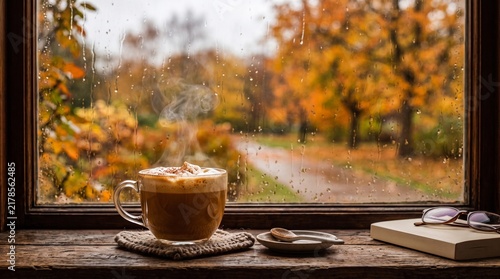 Steaming coffee mug on wooden windowsill against rainy autumn landscape view