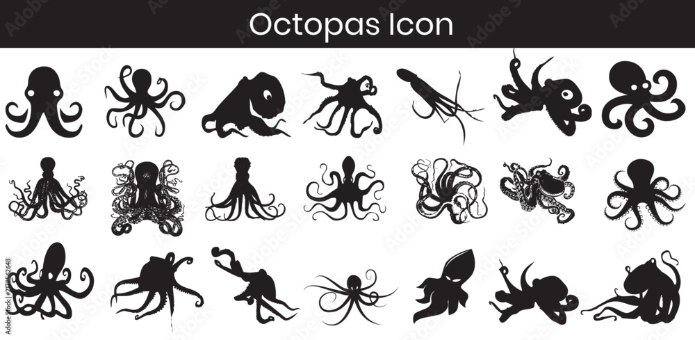 Fototapeta premium Octopus Silhouette Icon Set, Black Vector Sea Creature Illustrations