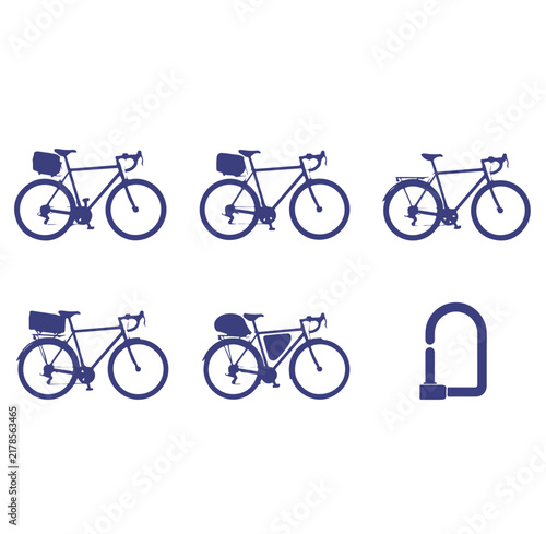 Bild auf Leinwand Collection of blue cycling icons showing various bicycles with bags, au-lock, an