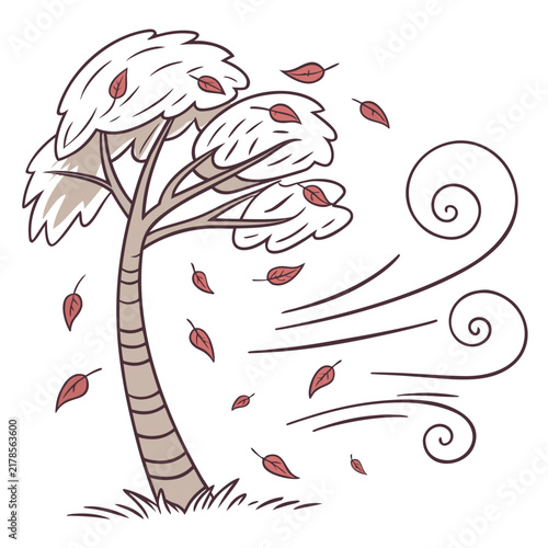 Konstfotografi A hand-drawn of a tree bending in a strong wind with swirling gusts and falling