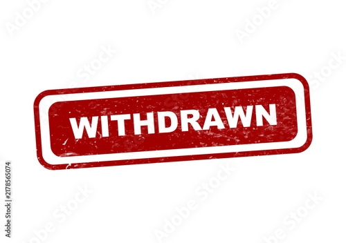 Red withdrawn stamp badge with white text isolated on transparent background