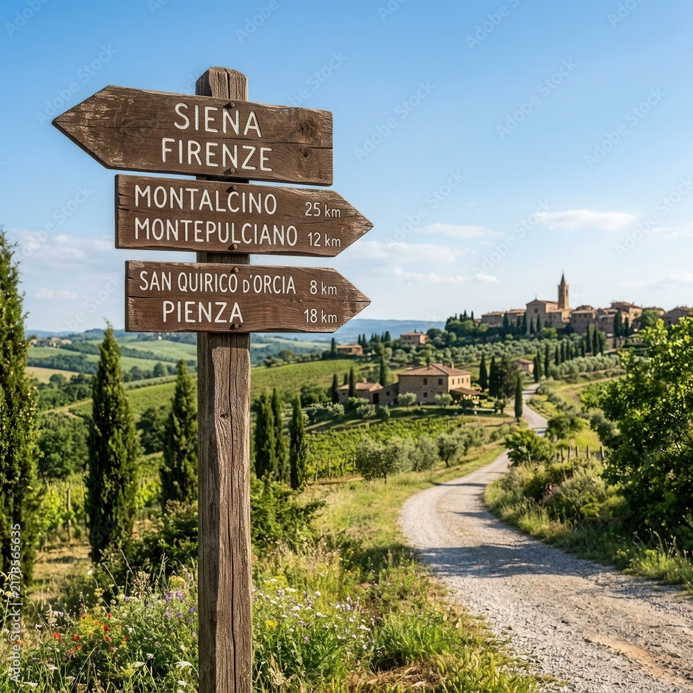 Obraz premium Tuscan Countryside Road Sign To Historic Italian Towns Scenic Views