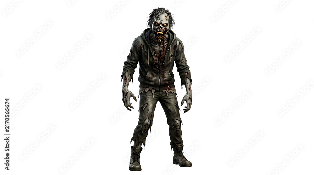 Fototapeta premium A terrifying undead zombie character wearing tattered clothes standing in a menacing pose isolated on transparent background