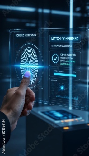 A professional biometric verification system displaying a fingerprint match on a transparent holographic screen, realistic fingerprint ridges