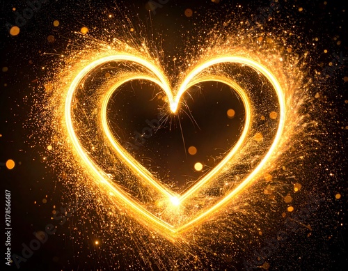 A vibrant golden heart shape formed by sparks against a dark, blurred background