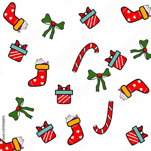 Cute Christmas Seamless Pattern with Stockings, Gifts and Candy Canes