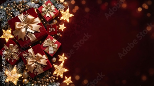 Festive christmas tree lights and ornaments with a dark red background