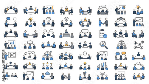 Business strategy icons in blue and grey colors are arranged on a transparent background.