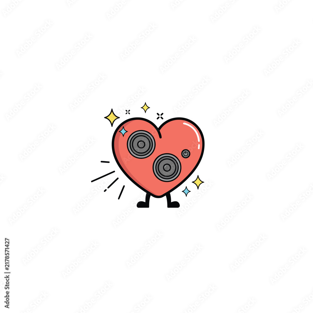 Fototapeta premium Red heart shaped speaker character with legs and sparkling stars for music and romantic audio concept