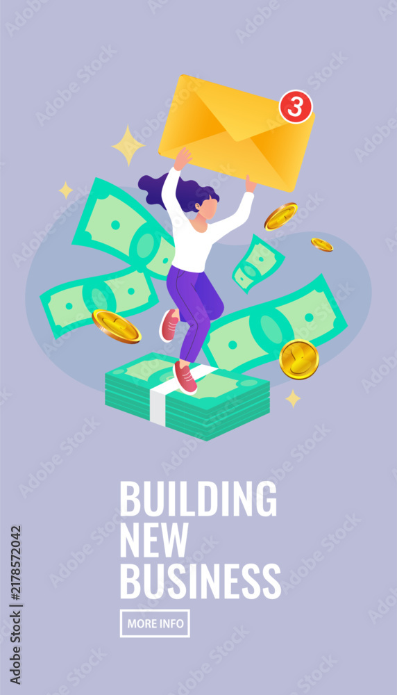 Fototapeta premium Happy female entrepreneur celebrating business profits with newsletter envelope and dollar bills, tailored for e-commerce success presentations, affiliate marketing masterclasses, and financial growth
