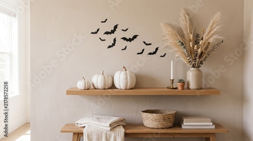 Minimalist Neutral Halloween Interior with White Pumpkins and Flying Bats