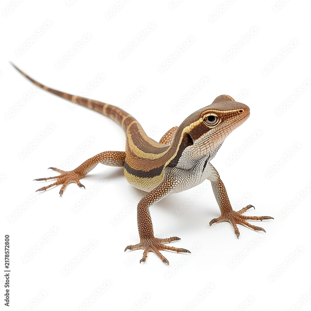 Obraz premium Detailed brown striped lizard standing alert with scaly texture and sharp claws captured in high resolution photography featuring natural posture and vivid patterns isolated clearly against a clean pl
