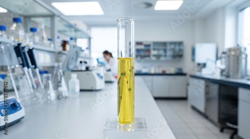 Glass graduated cylinder filled with yellow liquid stands on lab table with blurry background of scientists and research equipment for science education concept.