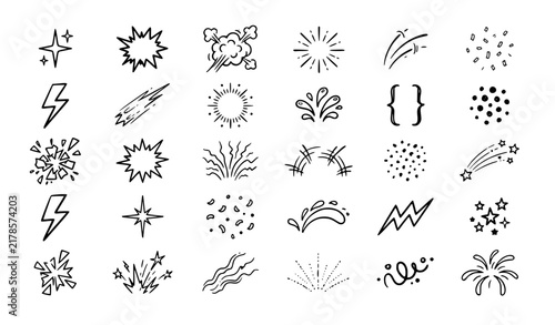 Hand Drawn Sparkles Rays and Comic Explosion Doodle Vector Set