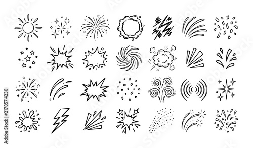 Festive Sunburst Sparkle and Confetti Hand Drawn Vector Doodle Elements
