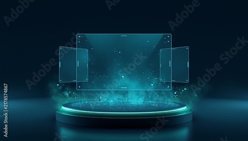Abstract technology stage with glowing particles and holographic screens.