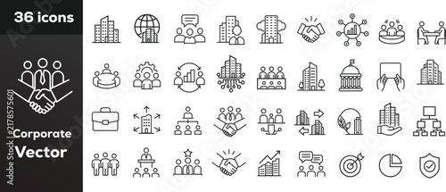 Corporate icons, corporate business line icon set for company management and team collaboration, outline vector graphics, handshake, office buildings, strategy, and leadership symbols.